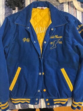 Vintage Blue & Yellow Corduroy Letterman Jacket - 'Jeff' Embroidered